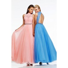 A Line High Neck Backless Long Blue Tulle Lace Beaded Evening Prom Dress Open Back