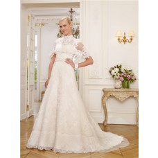 A Line High Neck Cap Sleeve Lace Modest Wedding Dress With Capelet Beaded Sash