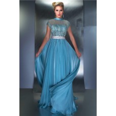 A Line High Neck Cap Sleeve V Back Long Blue Chiffon Sequin Occasion Prom Evening Dress
