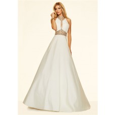 A Line High Neck Cut Out Long White Satin Beaded Prom Dress