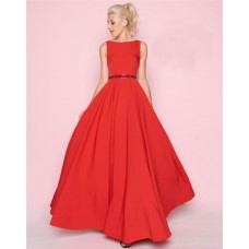 A Line High Neck Full Back Sleeveless Long Red Satin Prom Dress
