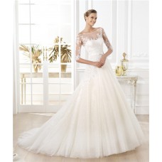 A Line Illusion Bateau Neckline Short Sleeve Glitter Tulle Lace Wedding Dress
