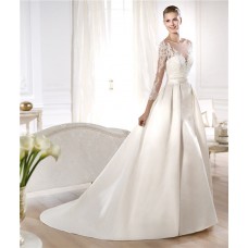 A Line Illusion Neckline Long Lace Sleeve Satin Wedding Dress With Detachable Train