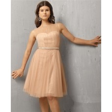 A Line Illusion Neckline Short Nude Tulle Cocktail Party Evening Dress Beaded Belt