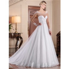 A Line Illusion Scoop Neckline Long Sheer Sleeve Lace Tulle Pearl Wedding Dress 