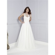 A Line Illusion Scoop Neckline See Through Back Tulle Lace Wedding Dress Buttons Bow Sash