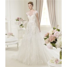 A Line Illusion Sheer Neckline Cap Sleeve Open Back Tulle Lace Wedding Dress