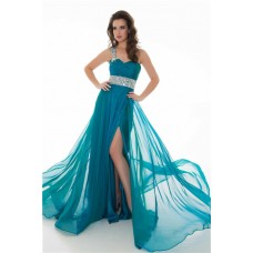 A Line One Shoulder Long Peacock Blue Chiffon Beading Party Prom Dress 