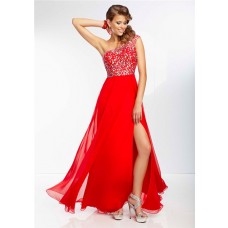 A Line One Shoulder Sheer Back Flowing Long Red Chiffon Beaded Prom Dress With Split