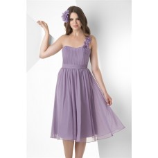 A Line One Shoulder Strap Short Lilac Chiffon Ruched Party Bridesmaid Dress With Flowers Belt
