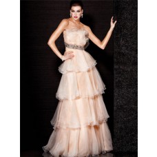 A Line Princess Strapless Long Nude Tulle Tiered Evening Dress With Ruffles