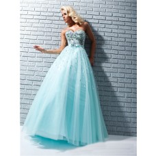 A Line Princess Sweetheart Long Aqua Blue Tulle Prom Dress With Sequins Rhinestones