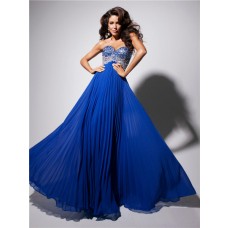 A Line Princess Sweetheart Long Royal Blue Chiffon Pleated Evening Prom Dress With Beading