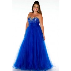 A Line Princess Sweetheart Long Royal Blue Tulle Beaded Plus Size Evening Prom Dress
