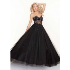 A-Line/Princess sweetheart see through black tulle prom dress with beading