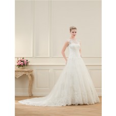 A Line Scalloped Neckline Tulle Vintage Lace Beaded Wedding Dress With Buttons Chapel Train