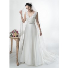 A Line Scalloped V Neck Open Back Lace Organza Wedding Dress With Crystals Sash