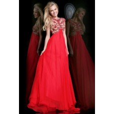A Line Scoop Cap Sleeve Empire Waist Long Red Chiffon Beaded Prom Dress Open Back