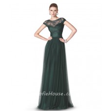 A Line Scoop Neck Cap Sleeve Dark Green Tulle Ruched Long Evening Dress