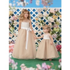 A Line Scoop Neck Champagne Organza Lace Little Flower Girl Dress With Sash