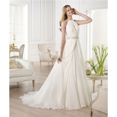 A Line Scoop Neck Open Front Sheer Back Chiffon Wedding Dress With Long Sleeve 