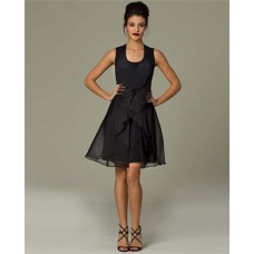 A Line Scoop Neck Short Black Chiffon Ruffle Party Evening Dress With Bow