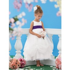A Line Scoop Neck Tea Length White Organza Purple Sash Wedding Flower Girl Dress
