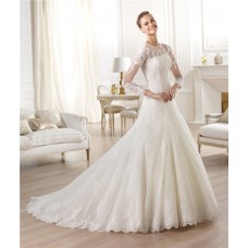 A Line Sheer Illusion Scoop Neckline Long Sleeve Tulle Lace Wedding Dress