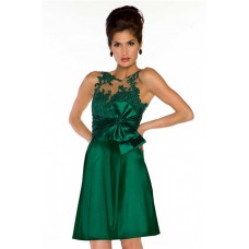 A Line Sleeveless Short Emerald Green Lace Illusion Homecoming Prom Dress With Bow