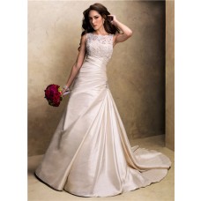 A Line Strapless Champagne Colored Satin Wedding Dress With Lace Jacket