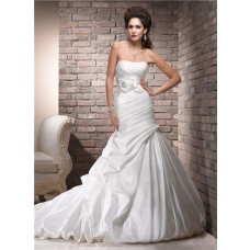 A Line Strapless Corset Back Ruched Taffeta Wedding Dress With Floral Sash