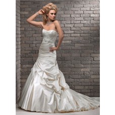 A Line Strapless Cream Beaded Lace Ruched Satin Wedding Dress With Sash