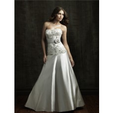 A Line Strapless Dropped Waist Satin Embroidered Beaded Wedding Dress With Flower Sash