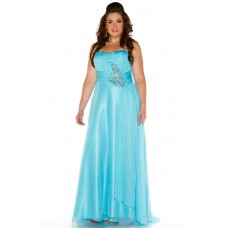 A Line Strapless Floor Length Aqua Blue Chiffon Beaded Plus Size Prom Dress