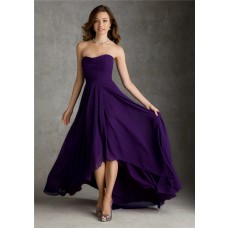 A Line Strapless High Low Hem Purple Chiffon Wedding Party Bridesmaid Dress