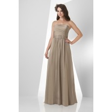 A Line Strapless Long Brown Chiffon Ruched Formal Occasion Bridesmaid Dress With Belt