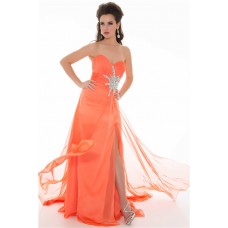 A Line Strapless Long Coral Chiffon Beaded Homecoming Prom Dress With Slit