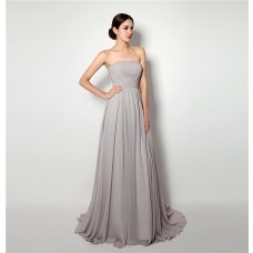 A Line Strapless Long Grey Chiffon Ruched Corset Bridesmaid Evening Dress