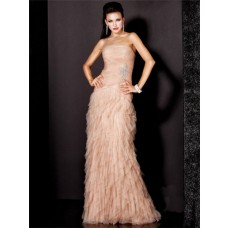 A Line Strapless Long Nude Pink Ruched Tulle Evening Wear Dress
