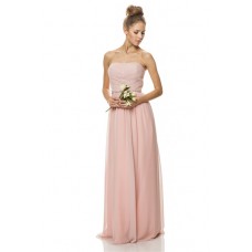A Line Strapless Long Pearl Pink Chiffon Wedding Party Bridesmaid Dress Beaded Belt