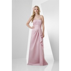 A Line Strapless Long Pearl Pink Satin Draped Bridesmaid Dress With Ruffle
