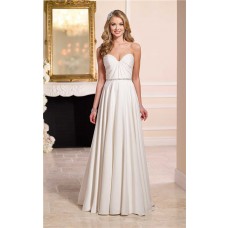 A Line Strapless Sweetheart Satin Pleated Wedding Dress Crystals Belt
