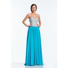 A Line Strapless Turquoise Chiffon Sequin Beaded Long Evening Prom Dress