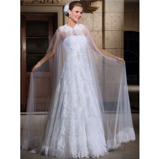 A Line Strapless Vintage Lace Tiered Wedding Dress With Cape Crystals Sash 