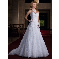 A Line Sweetheart Empire Waist Lace Glitter Wedding Dress With Train