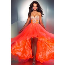 A Line Sweetheart High Low Orange Silk Tulle Beaded Party Prom Dress With Bow