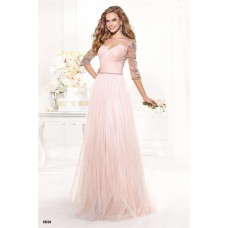 A Line Sweetheart Long Blush Pink Tulle Prom Dress With Three Quater Sleeves