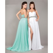 A Line Sweetheart Long White Chiffon Beaded Prom Dress With Slit