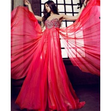 A Line Sweetheart Strapless Empire Waist Long Red Chiffon Flowing Prom Dress With Beading 