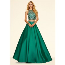 A Line Two Piece Long Emerald Green Satin Beaded Prom Dress